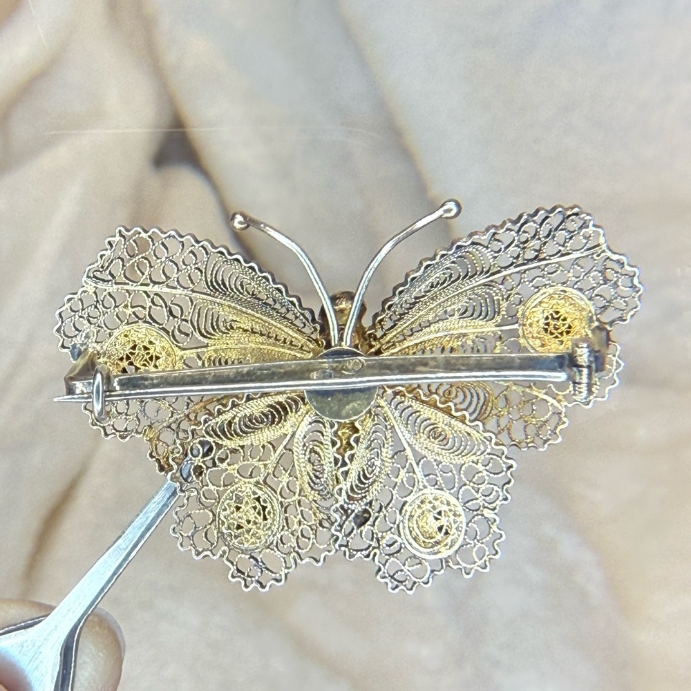 Antique Signed Sterling Silver 800 Filigree Butterfly Coral/Carnelian Brooch EUC - Picture 16 of 16